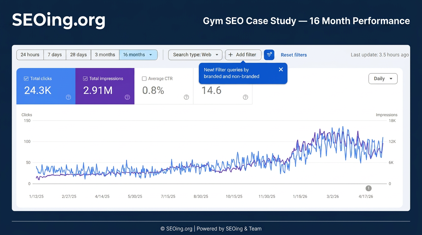 Google Search Console 16-month performance for a Brisbane gym website — 24.3K clicks, 2.91M impressions, 0.8% CTR, average position 14.6